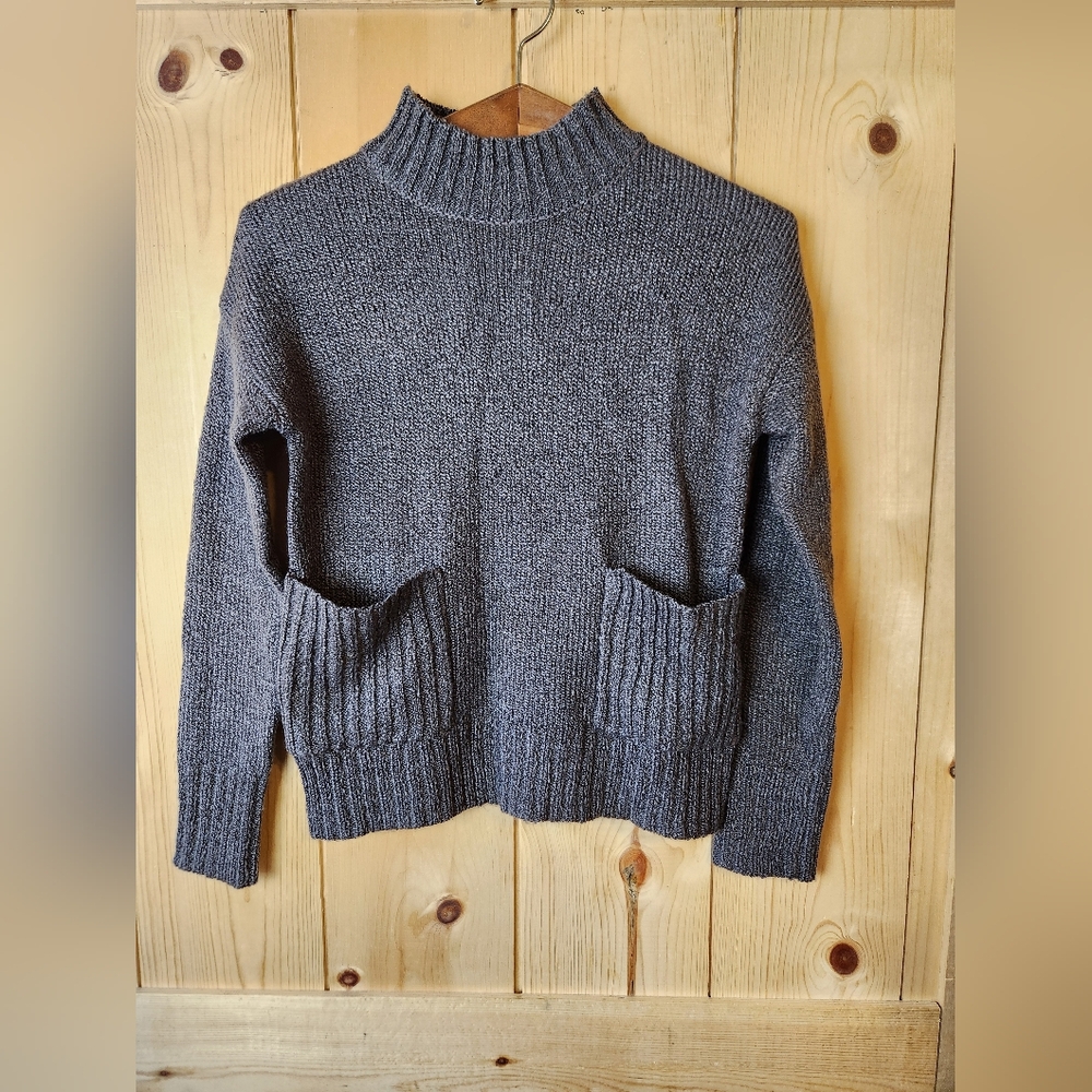 Love by Design Mock Neck Ribbed Hems Front Pocket Short Sweater
